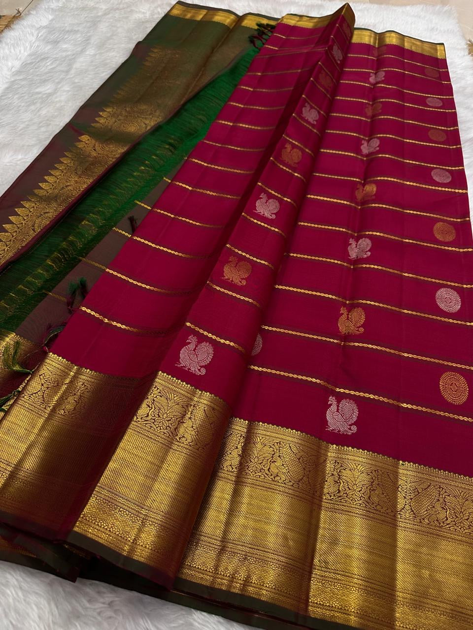 Rani pink Kancheepuram silk saree with Veldhari Kamalam butta and gold pallu — Idam Living