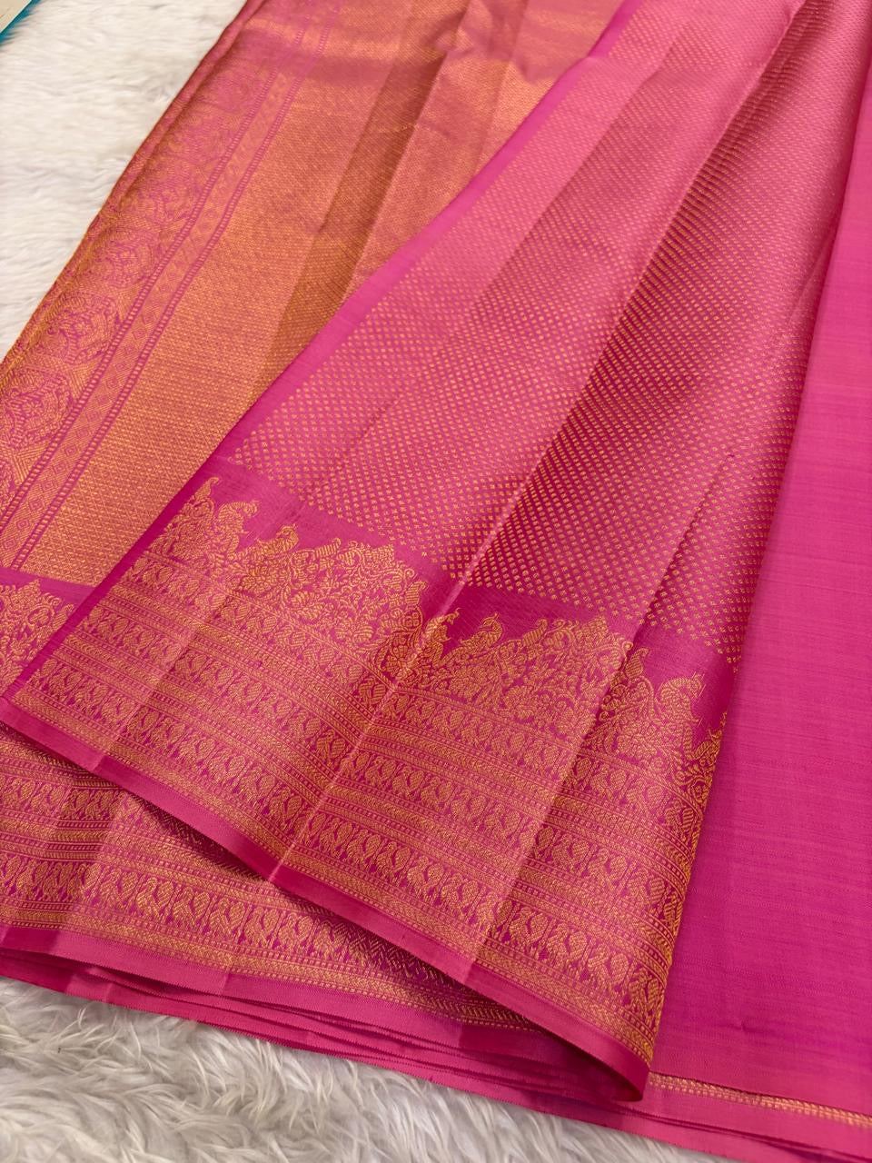 Rani pink Kancheepuram silk saree with zari woven butta and self-colour border — Idam Living
