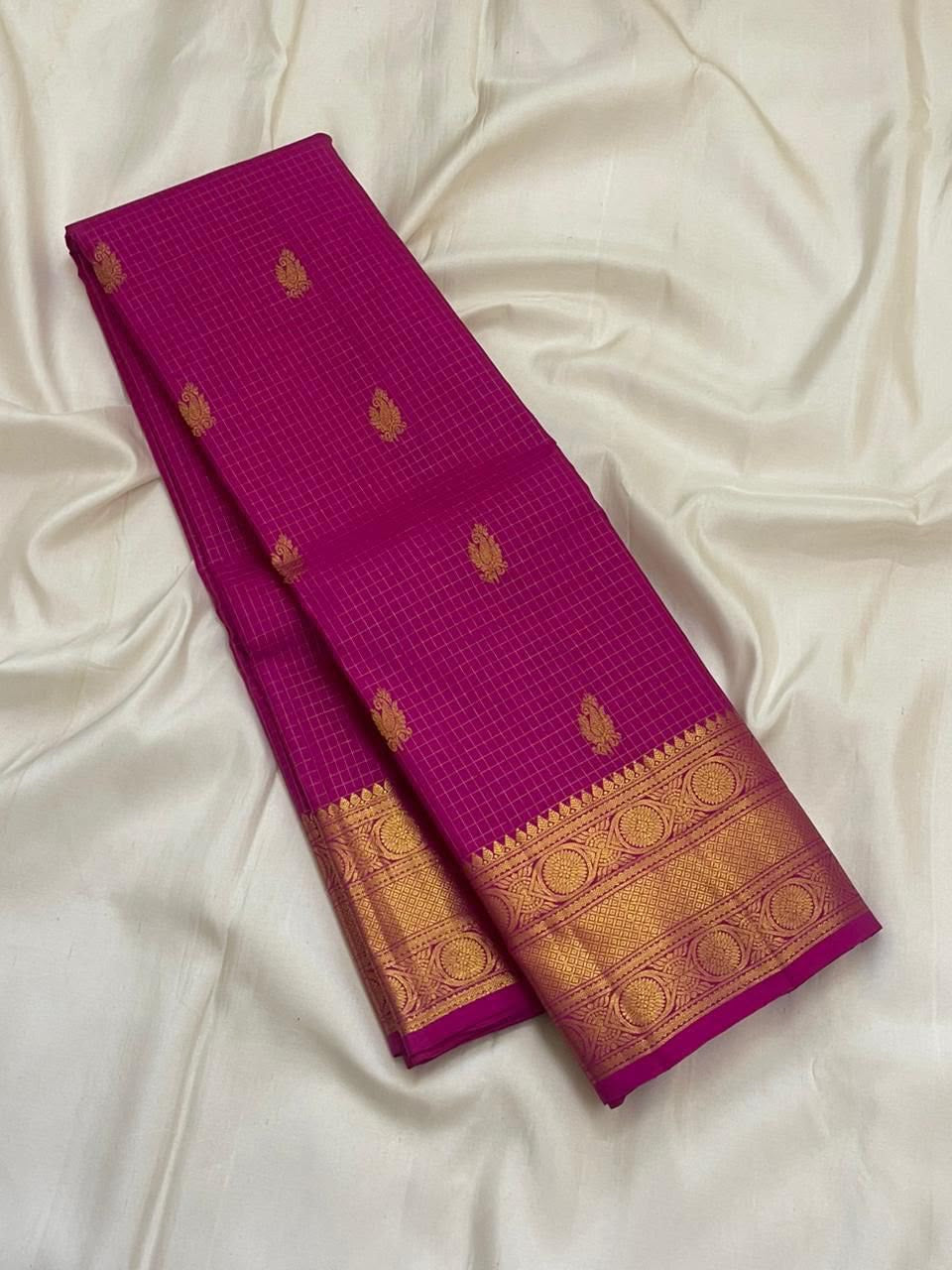 Rani pink handwoven Pure Silk Kanchi Pattu Zari Kattam saree with gold medallion border