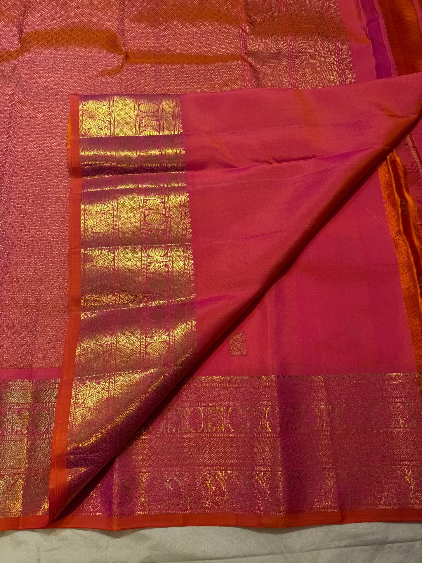 Rani Pink and Vermilion Orange Shot-Colour Handwoven Pure Silk Kanchipuram Saree with Gold Zari Buttas