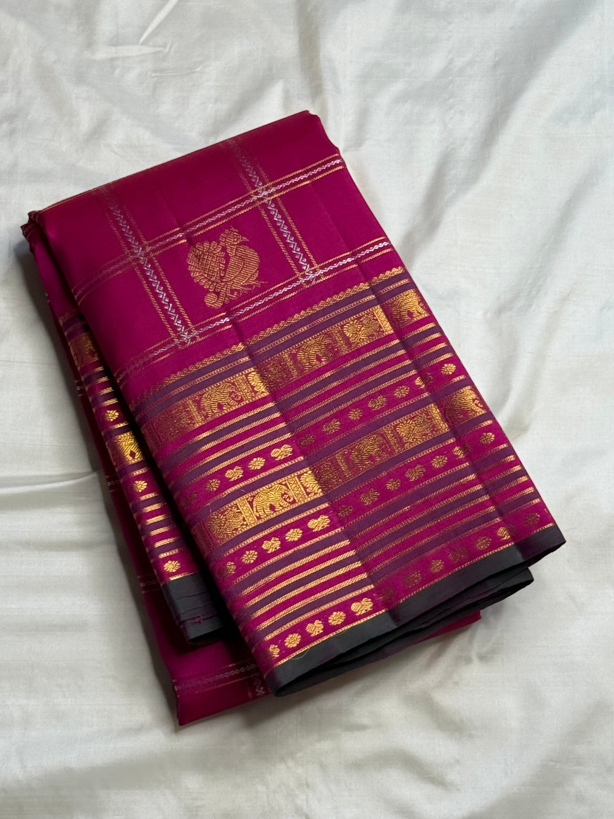 Rani Pink Kanchipuram silk saree zari check detail