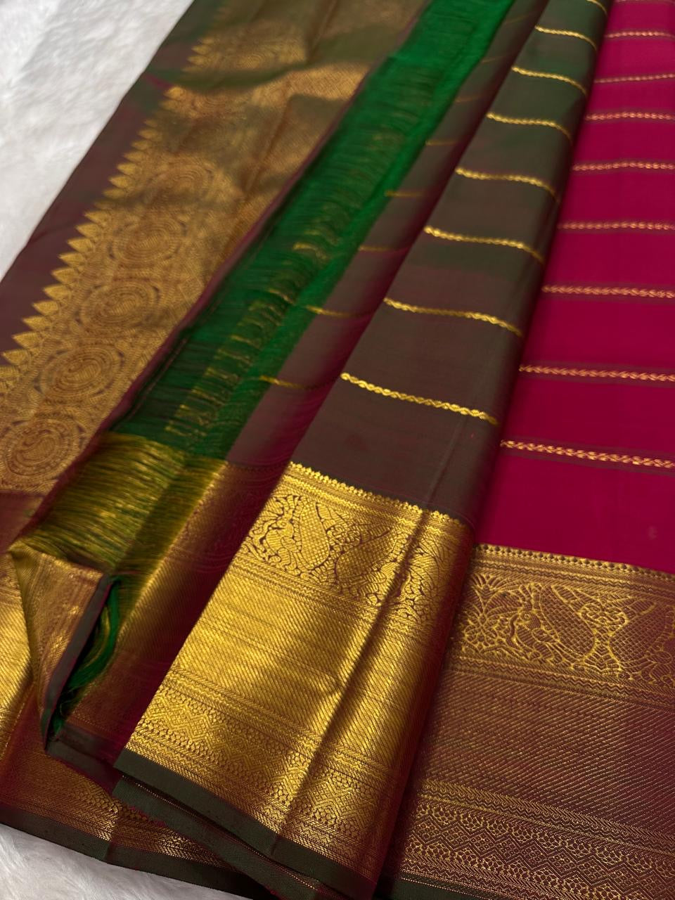 Rani pink Kanjipuram pure silk saree with Veldhari Korvai antique gold border — Idam Living