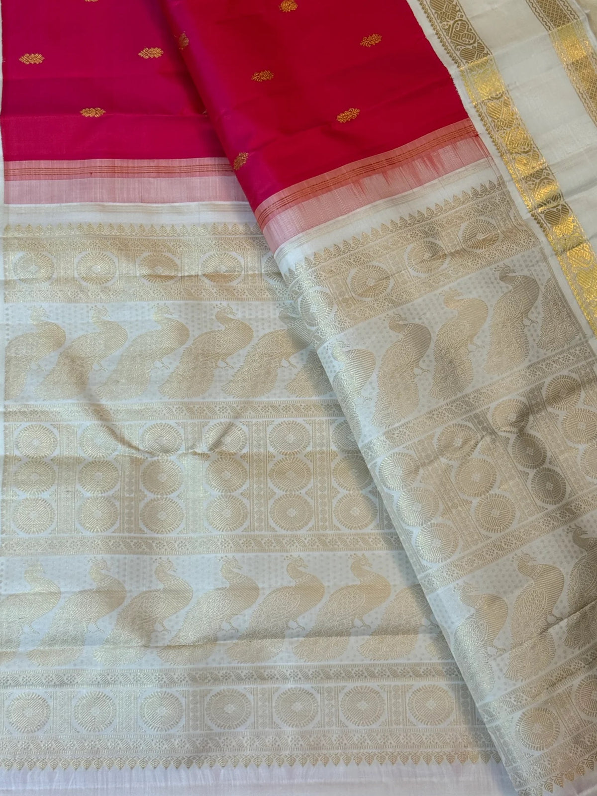 Rani pink Kanjivaram Rettapet saree with ivory zari border