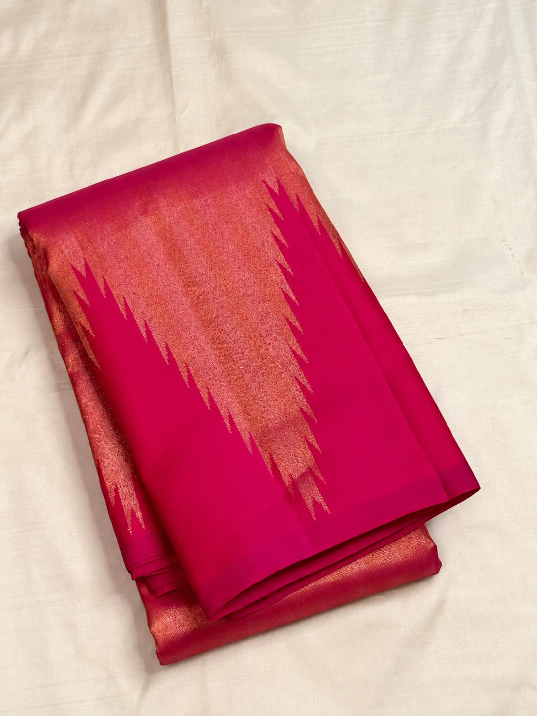 Rani Pink Kanjivaram silk saree, styled view