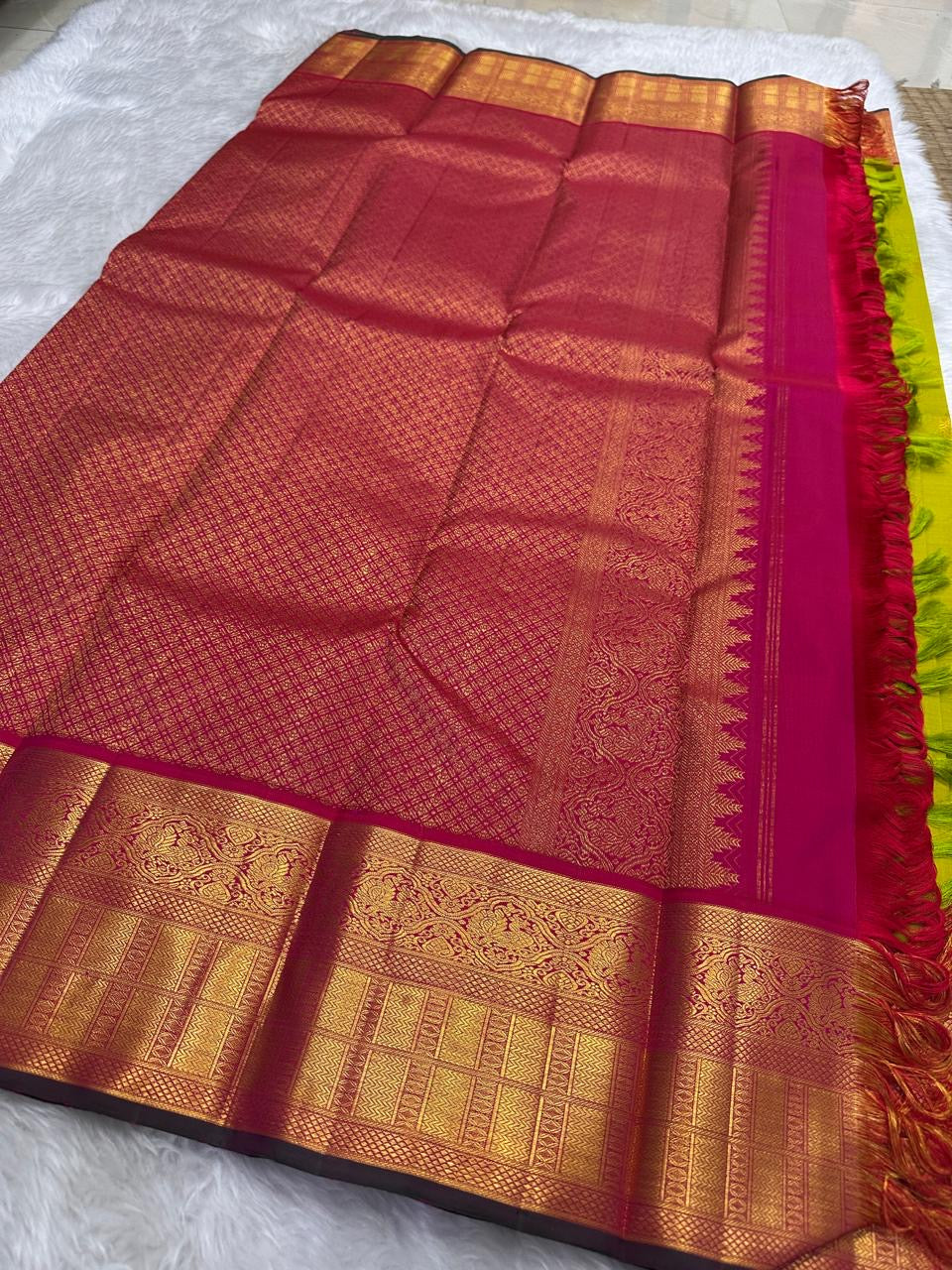 Rani pink korvai gold zari border kanchipuram – Idam Living Pure Silk Kanchipuram saree