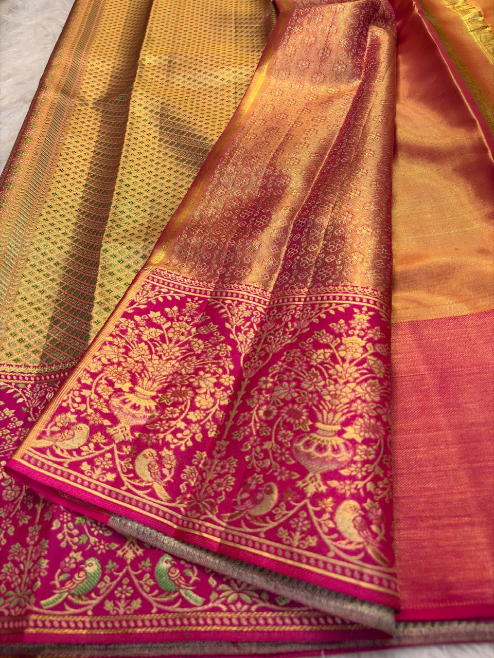 Rani pink meenakari brocade kanchipuram border – Idam Living Pure Silk Kanchipuram saree