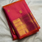 Rani Pink and Vermilion Orange Shot-Colour Handwoven Pure Silk Kanchipuram Saree with Gold Zari Buttas