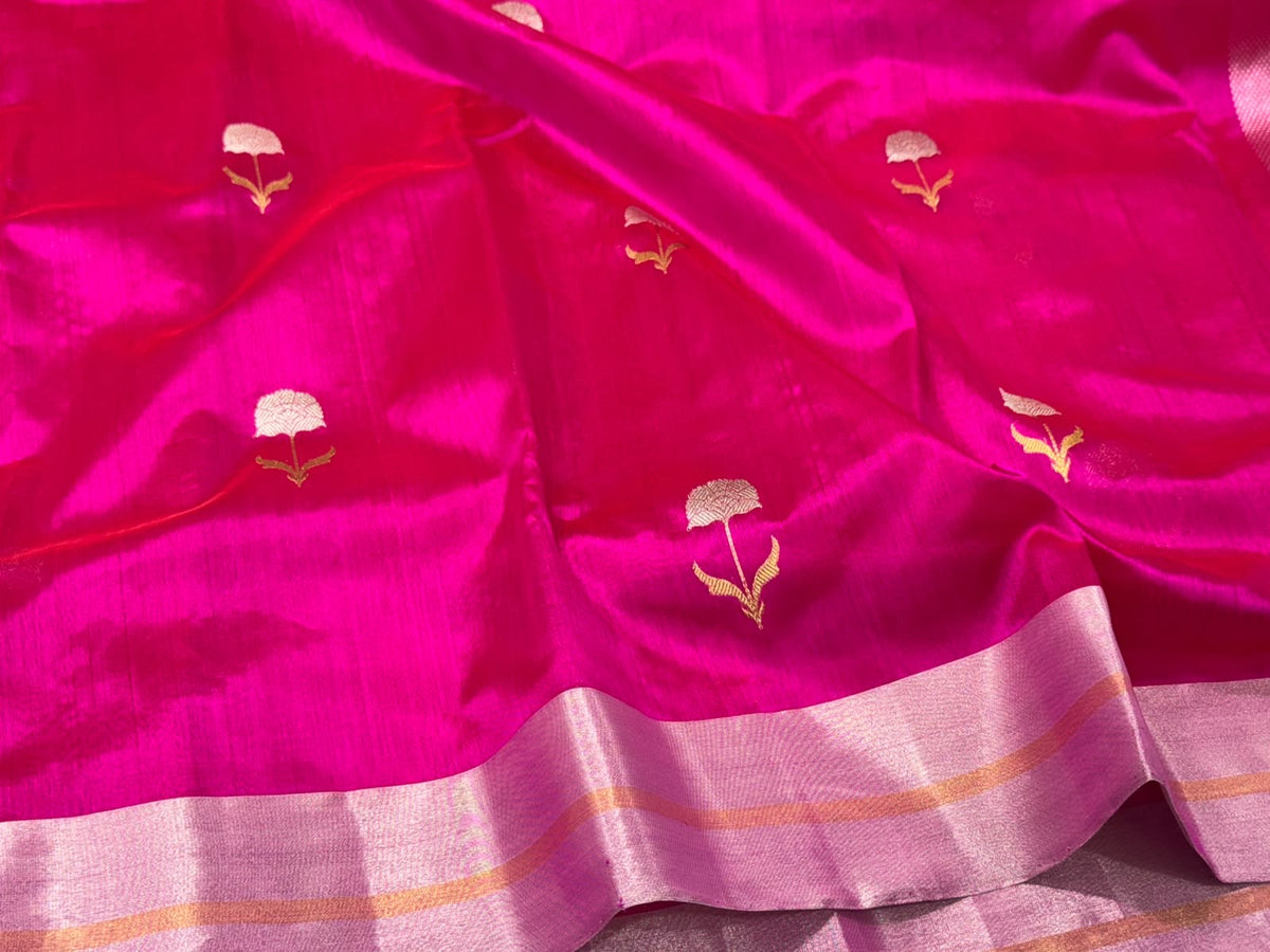 Eknaal Butti Pure Silk Chanderi saree in vivid Rani Pink