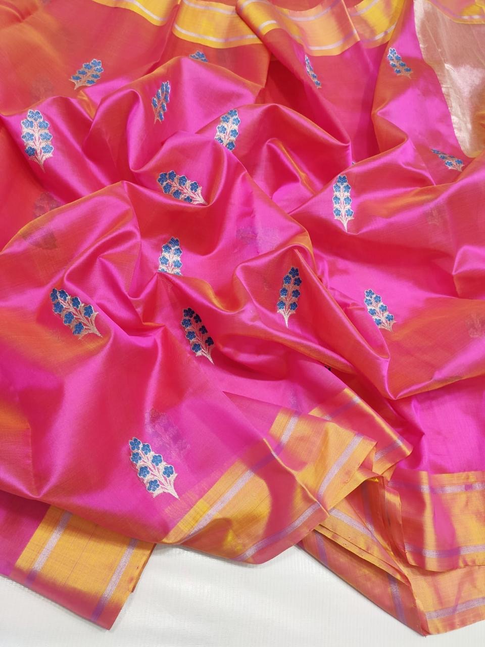 Rani pink Pattu Silk Chanderi saree with scattered floral sprig buttas
