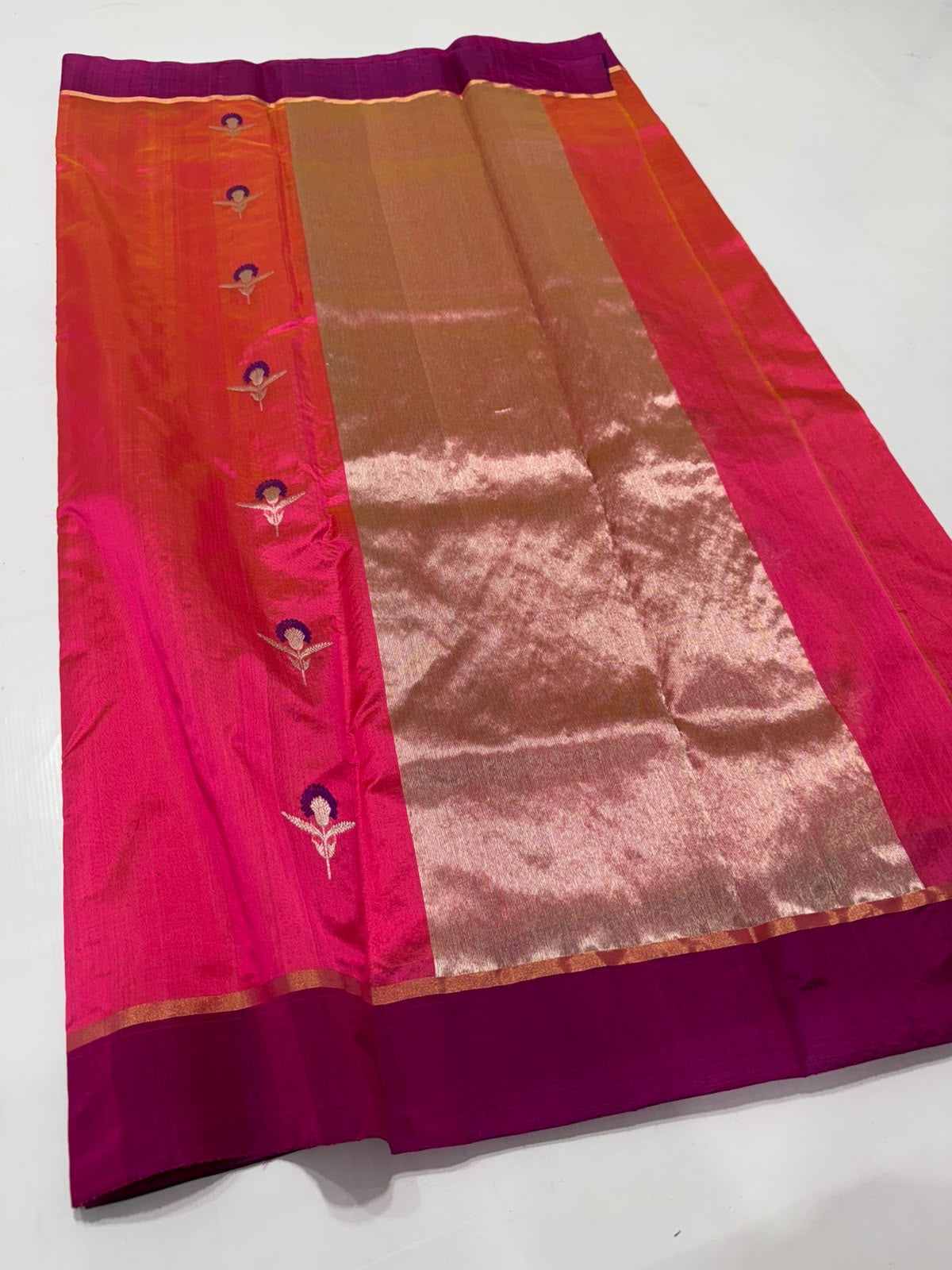 Rani pink Pattu Silk handwoven Chanderi saree