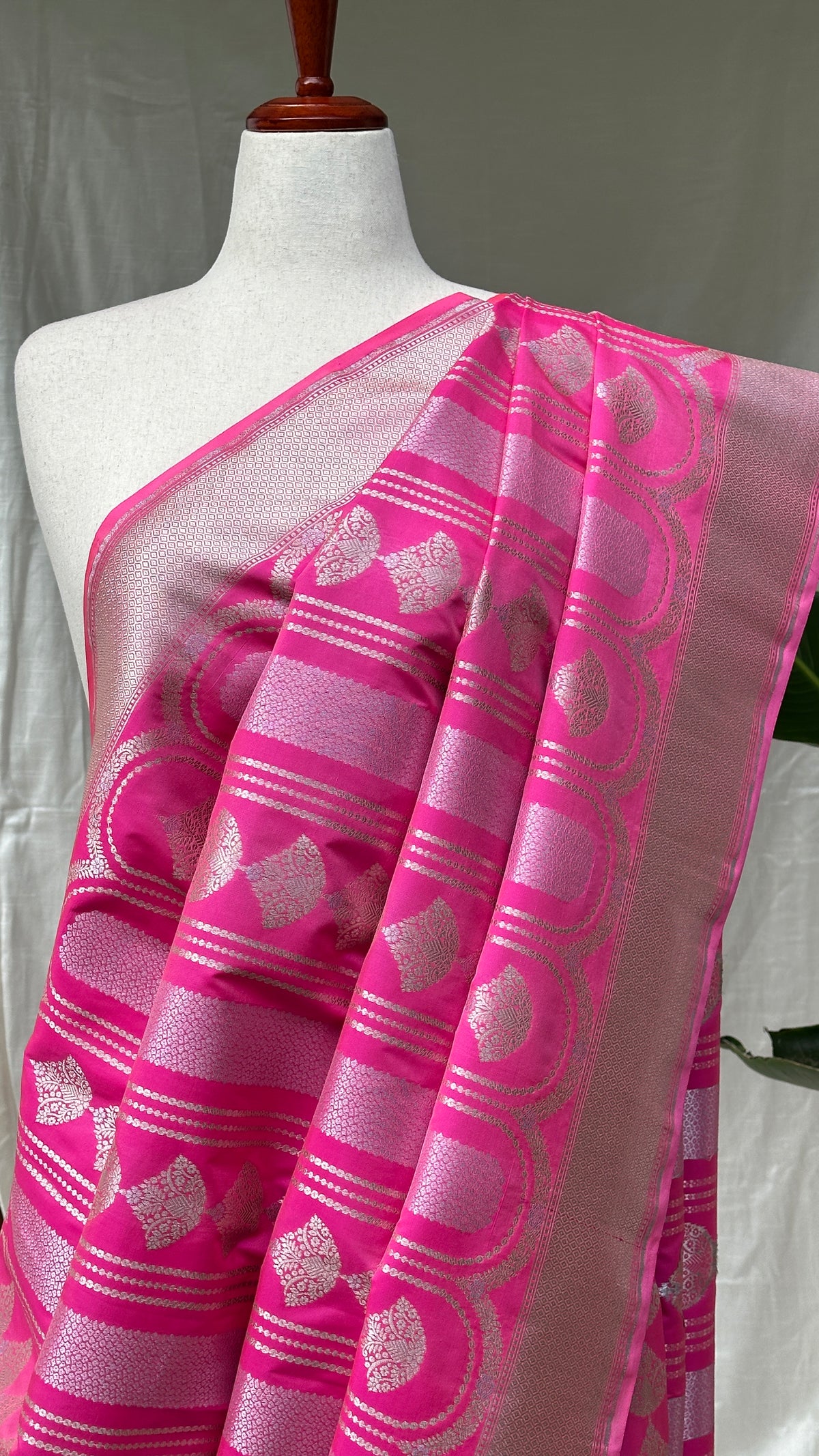 Full drape of Rani Pink handwoven Banarasi silk saree by Idam Living