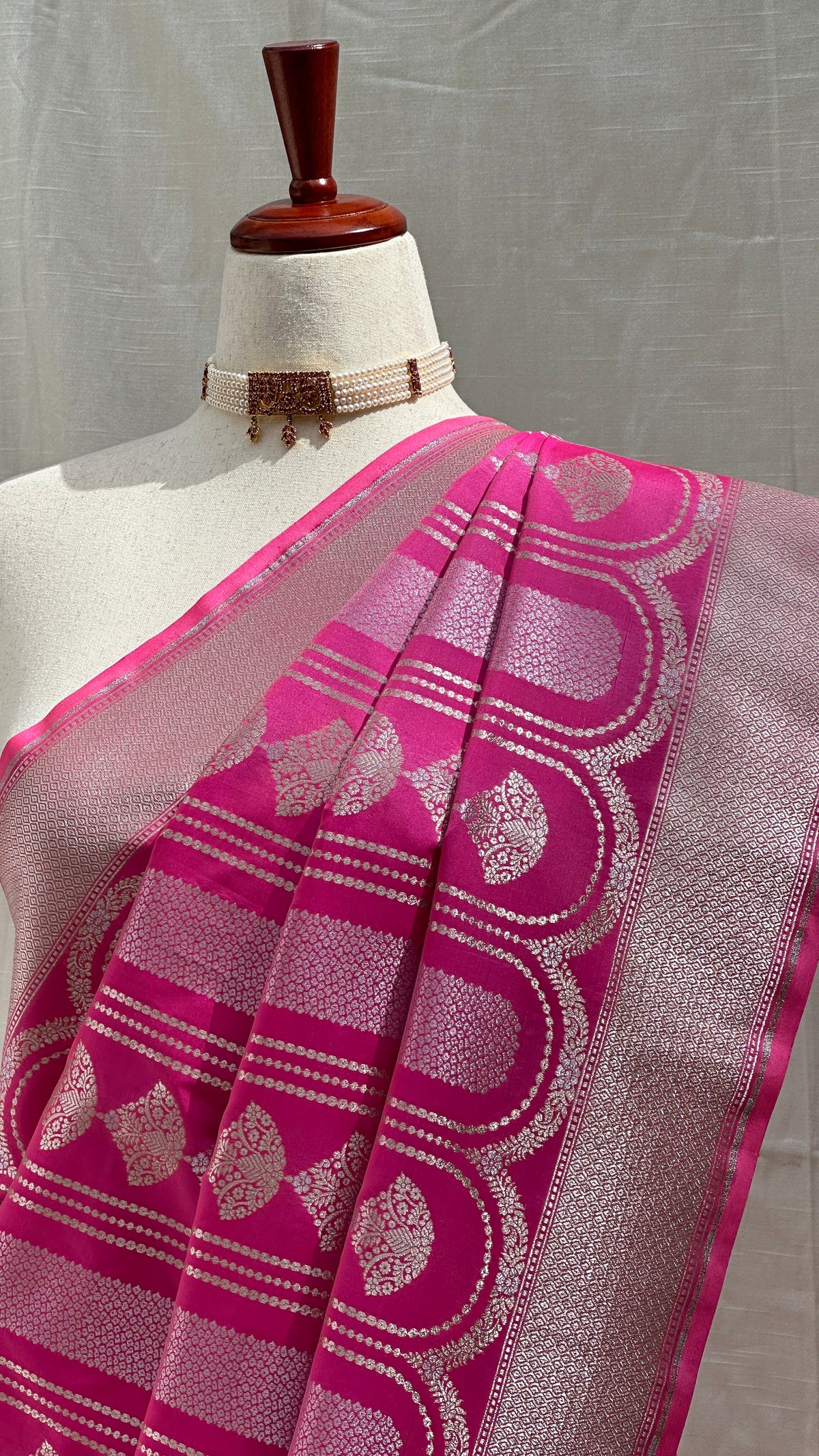 Rani Pink Pure Katan Silk Banarasi saree with Sona Rupa silver gold zari raindrop buttas – Idam Living