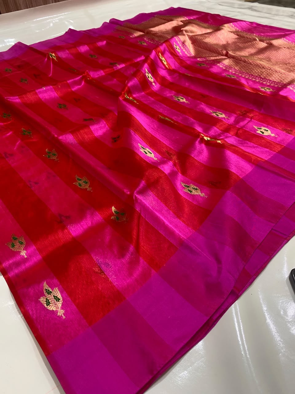 Rani pink Pure Silk Chanderi saree with small buttas