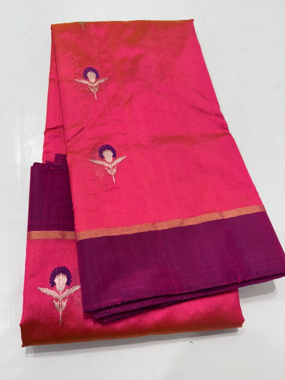 Rani pink Pure Silk Chanderi saree with purple border