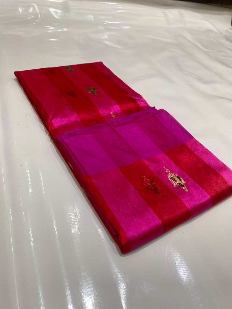 Rani pink handwoven Pure Silk Chanderi saree with broad red woven stripes