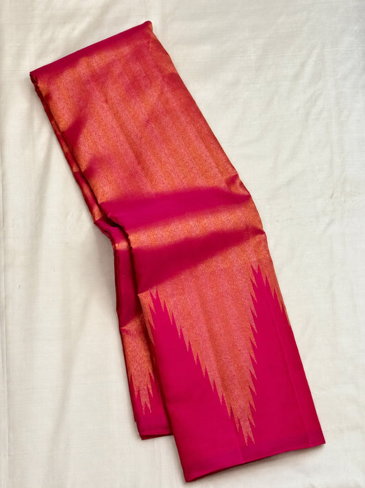 Rani Pink handwoven pure silk Kanchipuram ettukol saree, full view