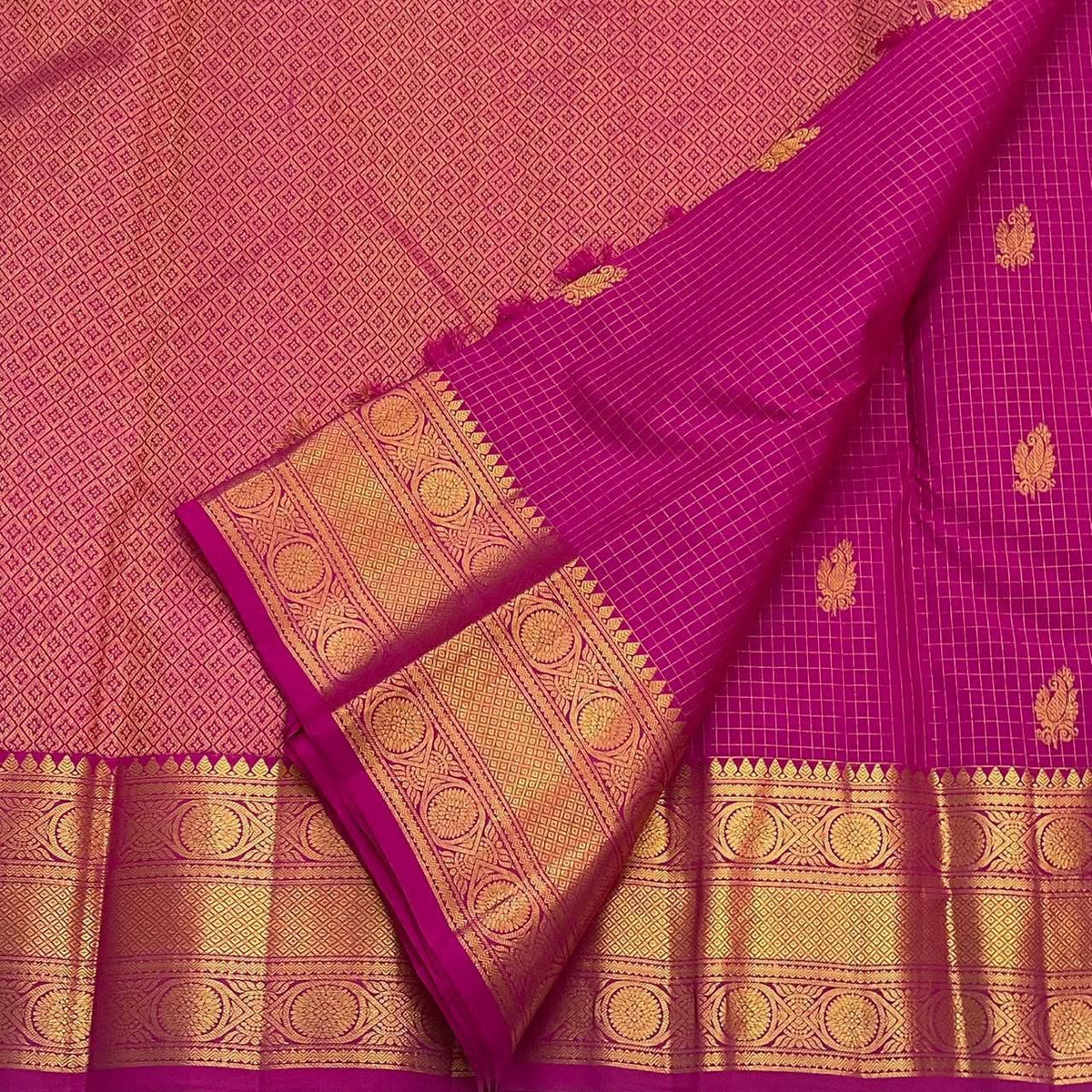 Rani pink Pure Silk Kanchipuram saree draped, showing the fine Zari Kattam grid
