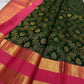 Rani Pink Kanchipuram mundhanai densely woven with geometric lattice, floral medallions and gold zari.