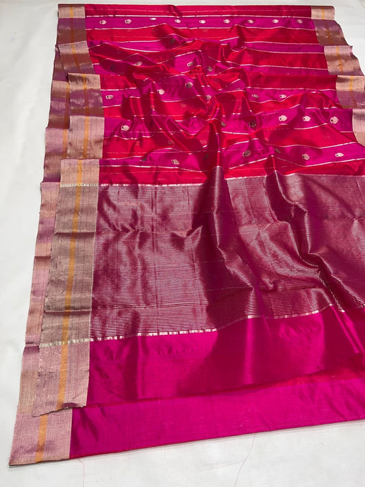 Vivid Rani Pure Silk Chanderi Saree folded view with Pink Border