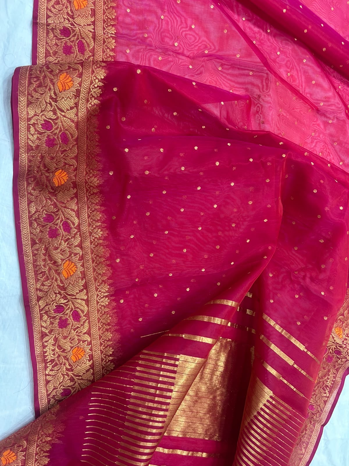 Rani Pink Tissue Silk Chanderi saree with gold woven pallu