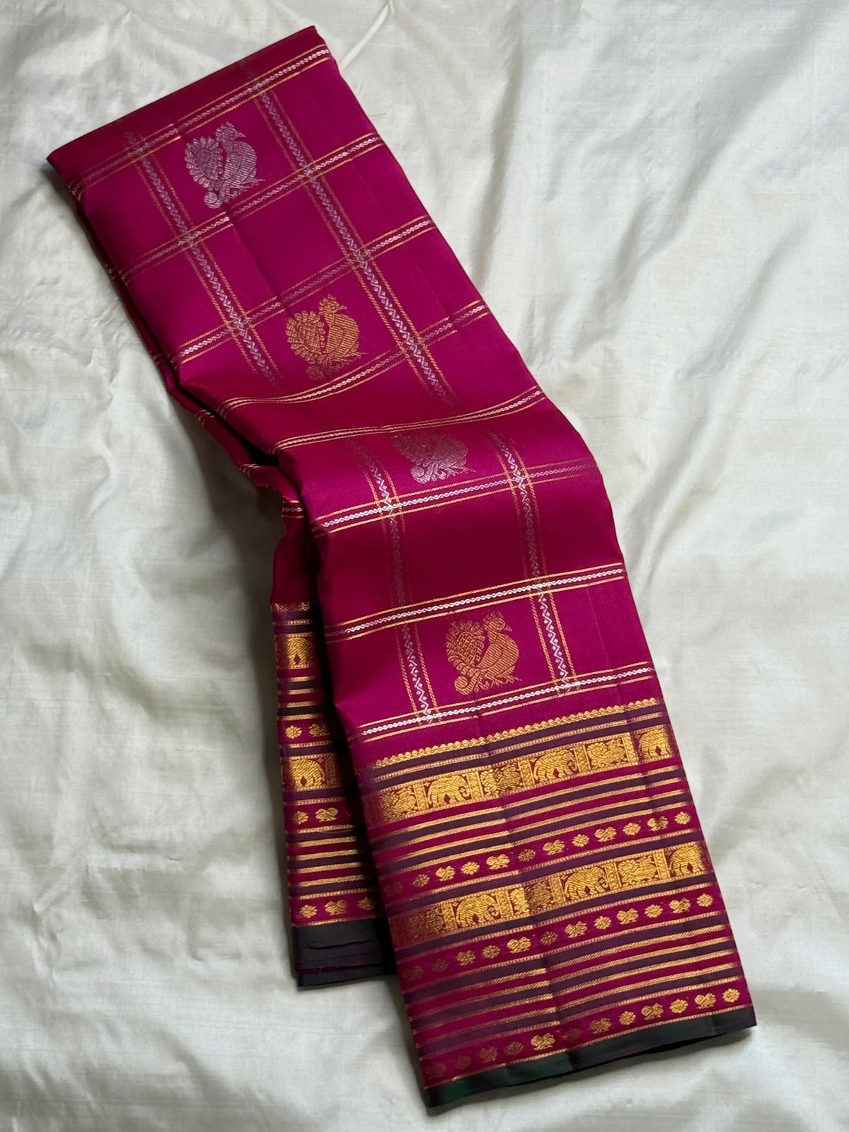 Rani Pink Varisaipet Kanjivaram silk saree full view