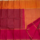 Chilli Red Rettapet Kanchipuram saree showing Veldhari zari and silk-thread stripes with contrasting Burnt Orange border.