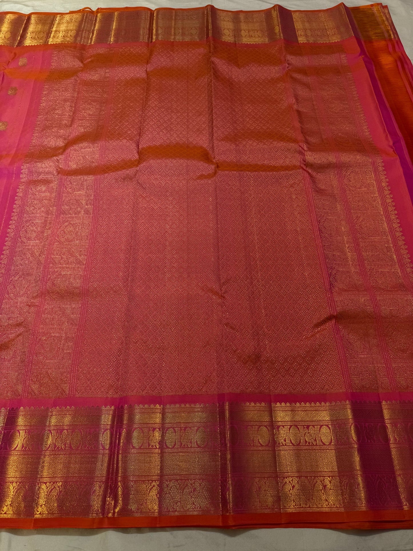Rani Pink and Vermilion Orange Shot-Colour Handwoven Pure Silk Kanchipuram Saree with Gold Zari Buttas