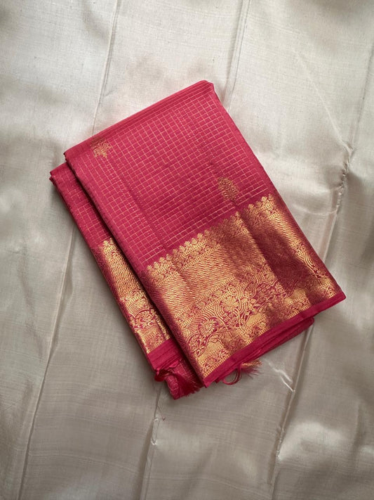 Rani Pink pure silk Kanchi Pattu Zari Kattam saree with fine antique-gold checked weaving and zari buttas.