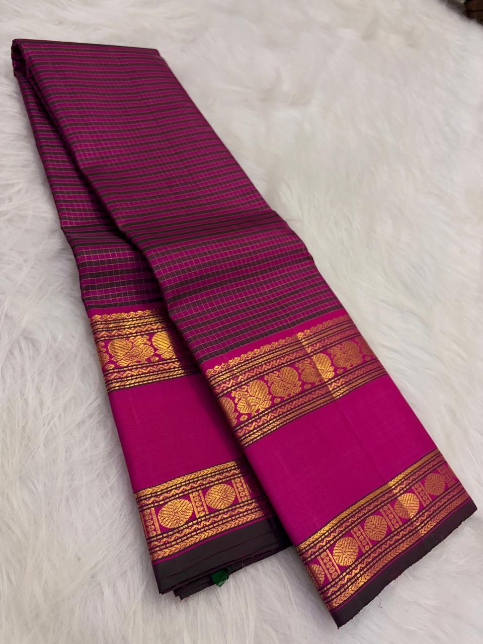Rani Pink Handwoven Pure Silk Kanchipuram Saree with Deep Plum Zari Kattam Rettapet Border