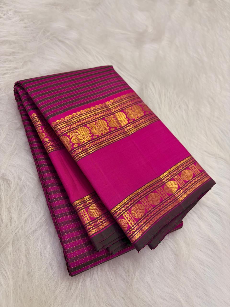 Rani Pink Handwoven Pure Silk Kanchipuram Saree with Deep Plum Zari Kattam Rettapet Border