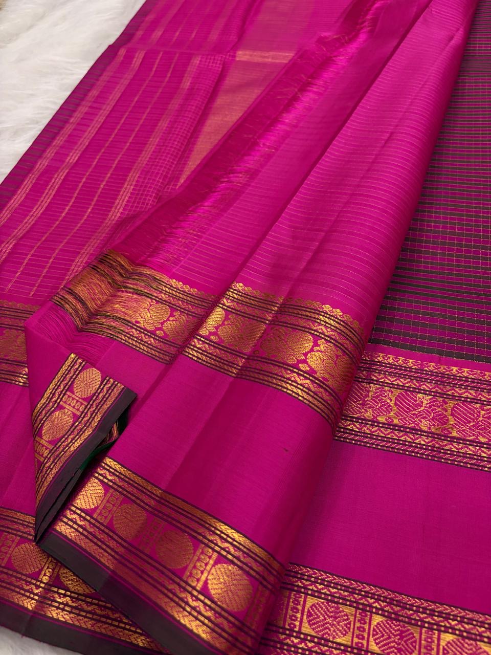 Rani Pink Handwoven Pure Silk Kanchipuram Saree with Deep Plum Zari Kattam Rettapet Border