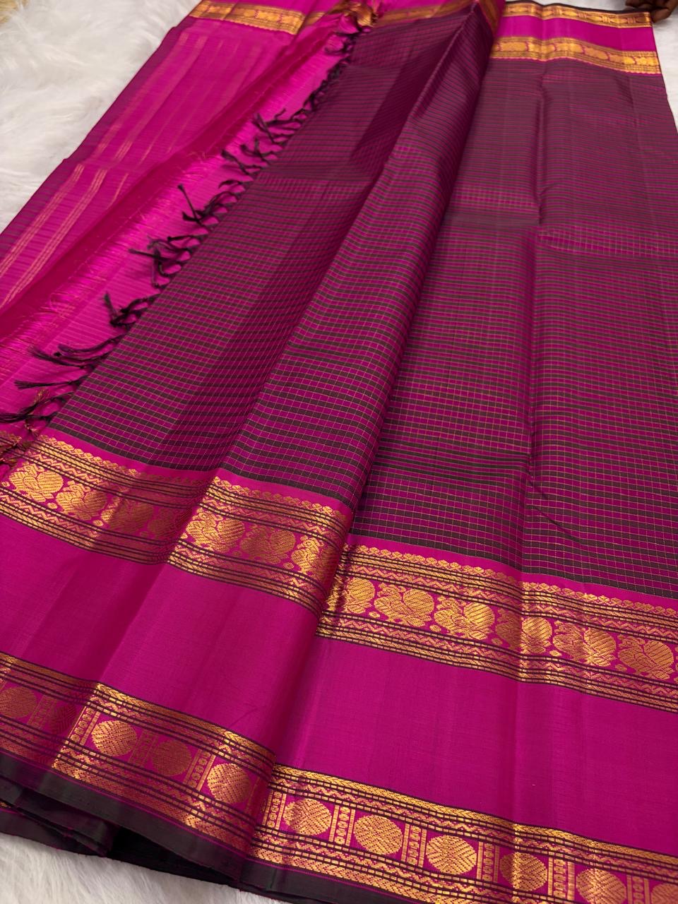 Rani Pink Handwoven Pure Silk Kanchipuram Saree with Deep Plum Zari Kattam Rettapet Border