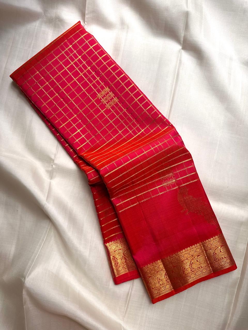 Chilli Reddish Pink handwoven pure silk Kanjivaram Zari Kattam saree with antique-gold checks.