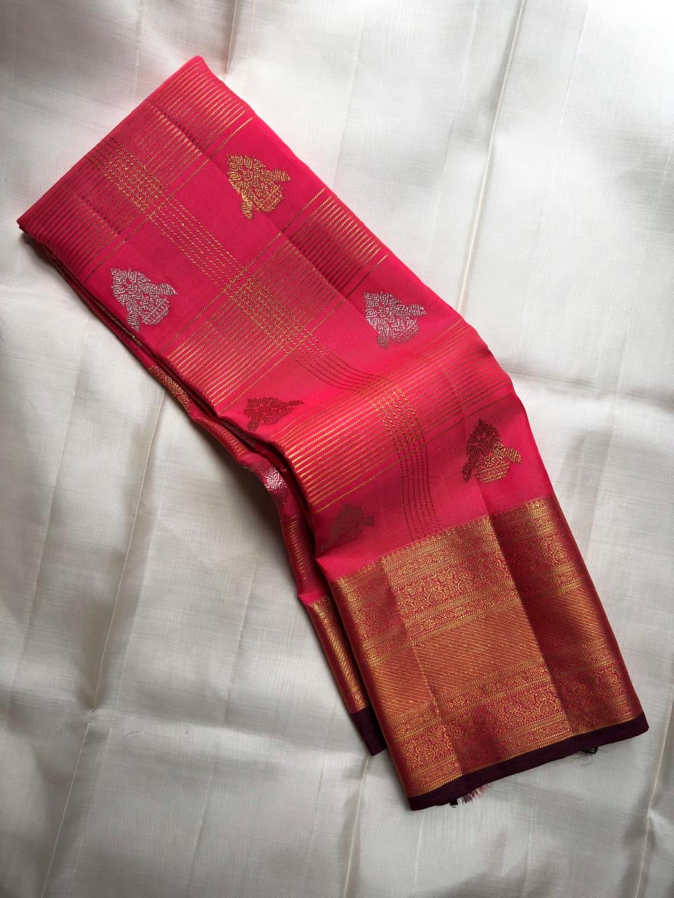 Raspberry Coral Handwoven Pure Silk Kancheepuram Saree with Zari Kattam Checks and Antique Gold Border