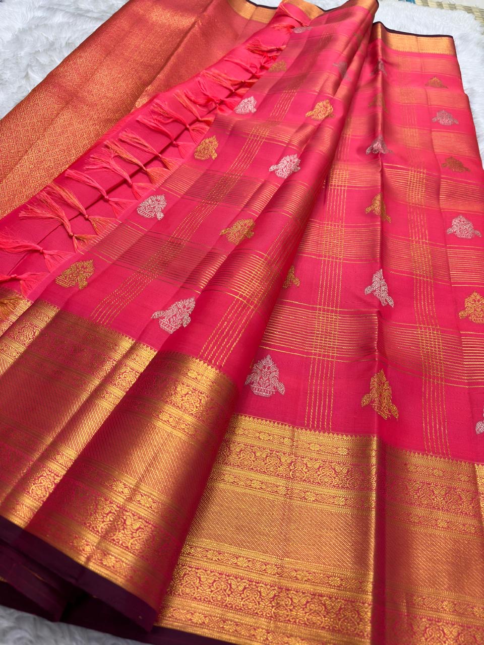 Raspberry Coral Handwoven Pure Silk Kancheepuram Saree with Zari Kattam Checks and Antique Gold Border