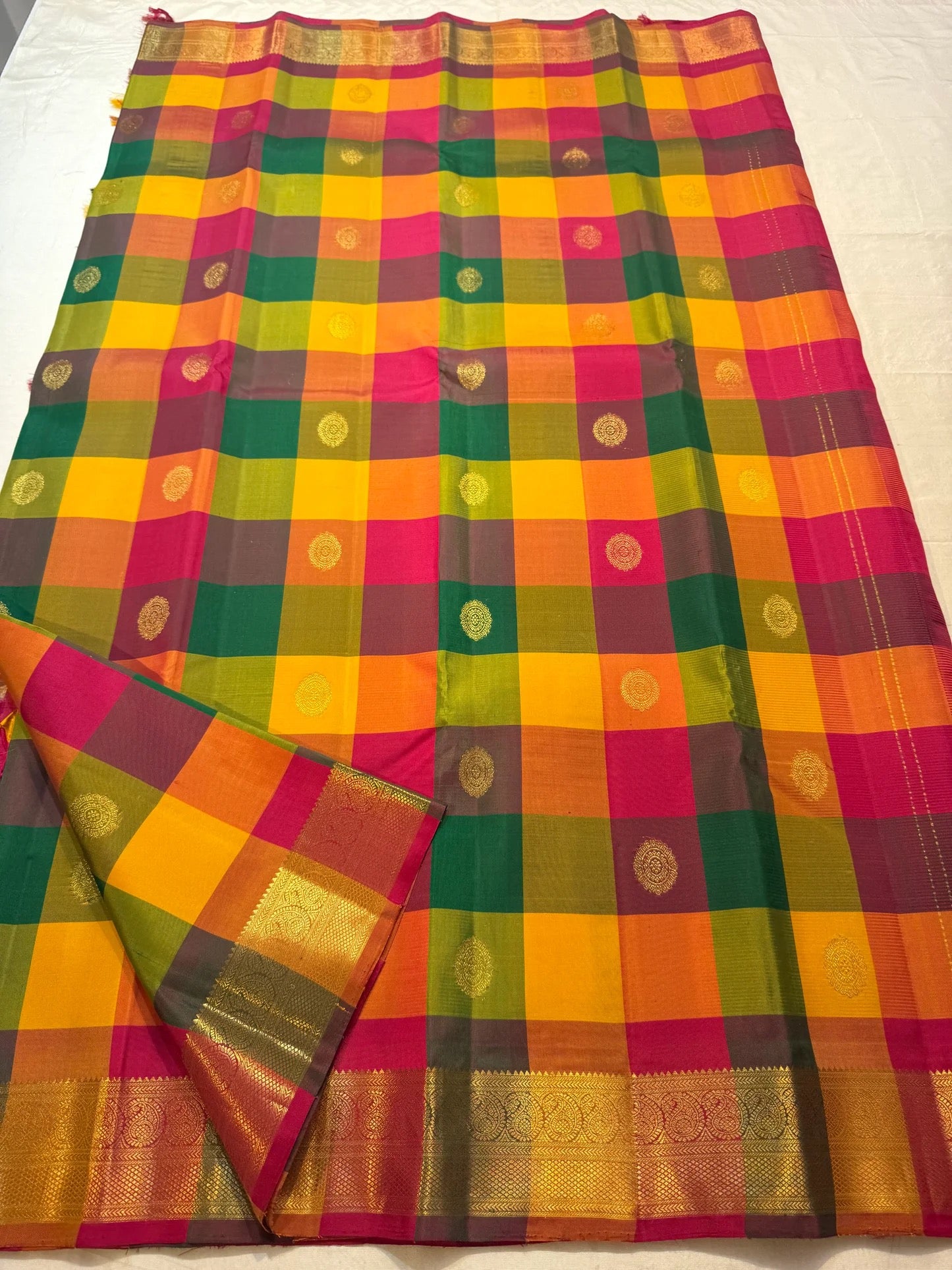 Multicolour pure silk Kanjivaram saree — raspberry green yellow tones