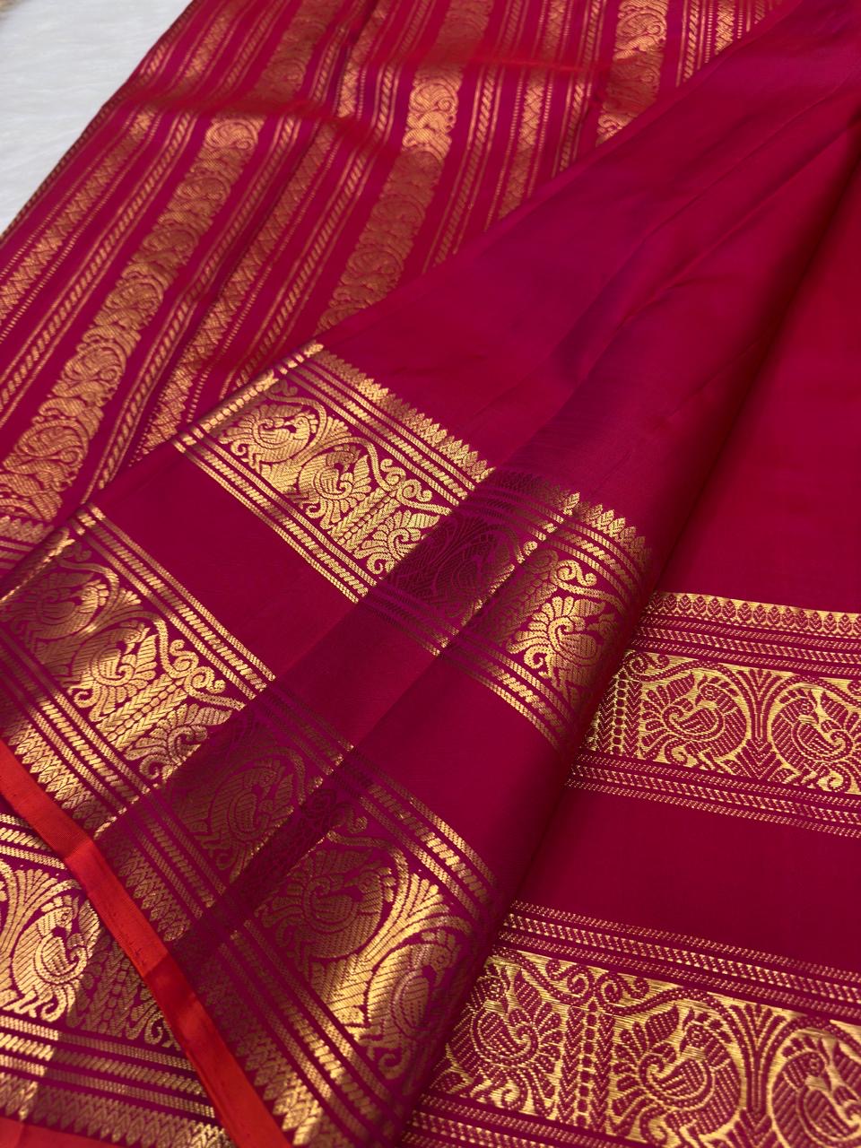 Deep Raspberry Pink Handwoven Pure Silk Kanchipuram Saree with Rettapet Mayil Zari Border