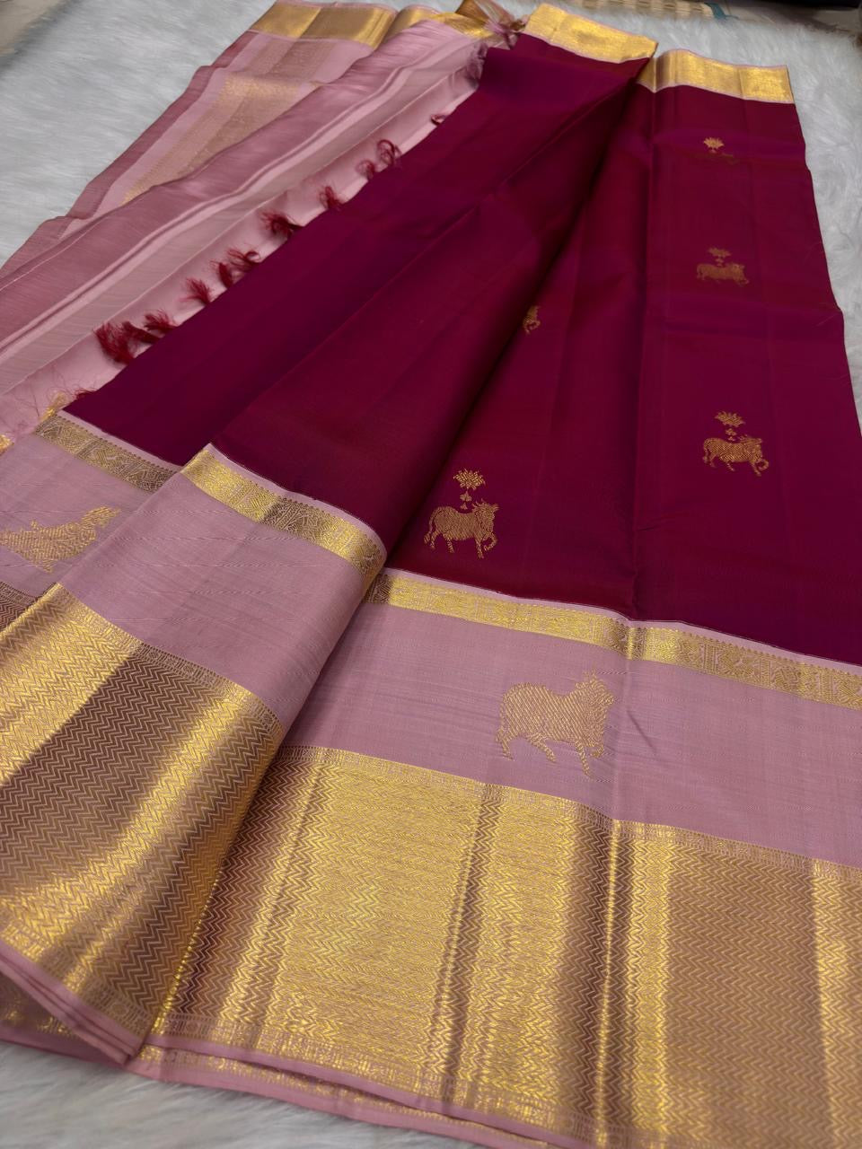 Deep Raspberry Pink Handwoven Pure Silk Kanjeevaram Korvai Saree with Blush Pink Gold Zari Border