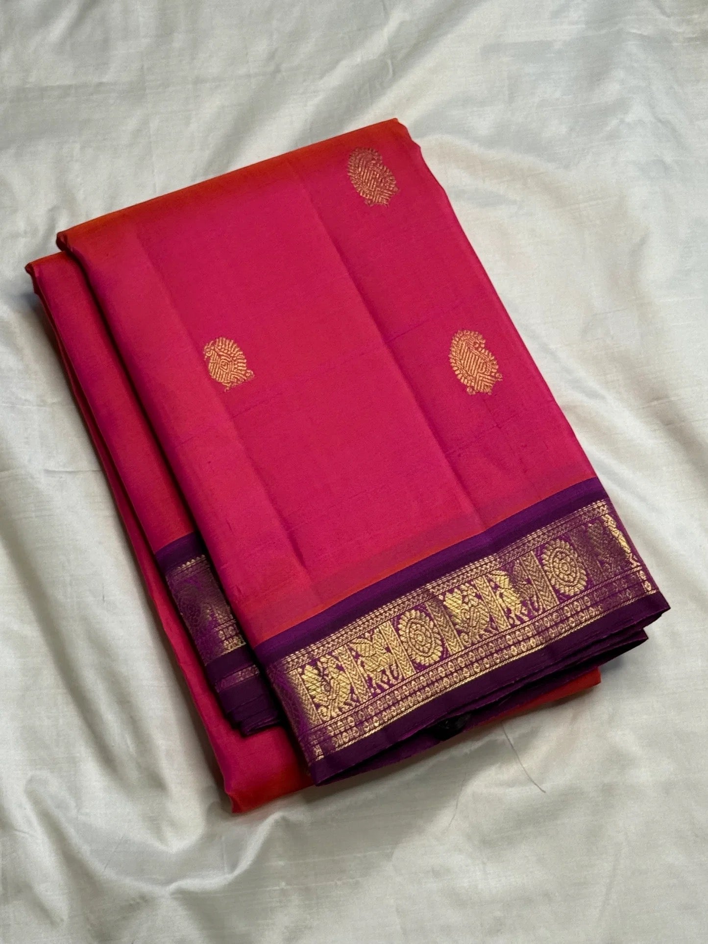 Raspberry Pink pure silk KanchiPattu saree — petite aubergine korvai border