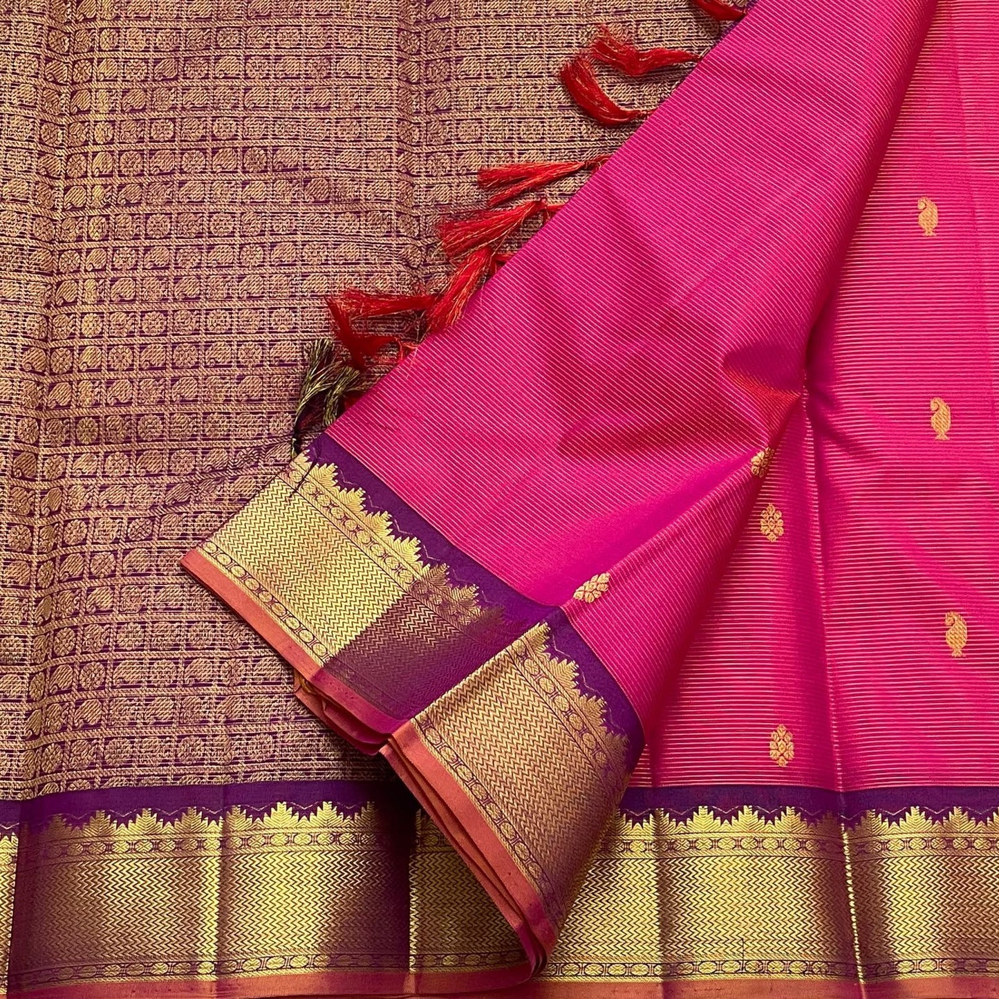 Raspberry Pink Handwoven Pure Silk Kancheepuram Vairaoosi Saree with Gold Zari Buttas and Aubergine Border