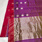 Raspberry Pink border detail on Orchid Purple Pattu Silk Chanderi saree with large woven blooms