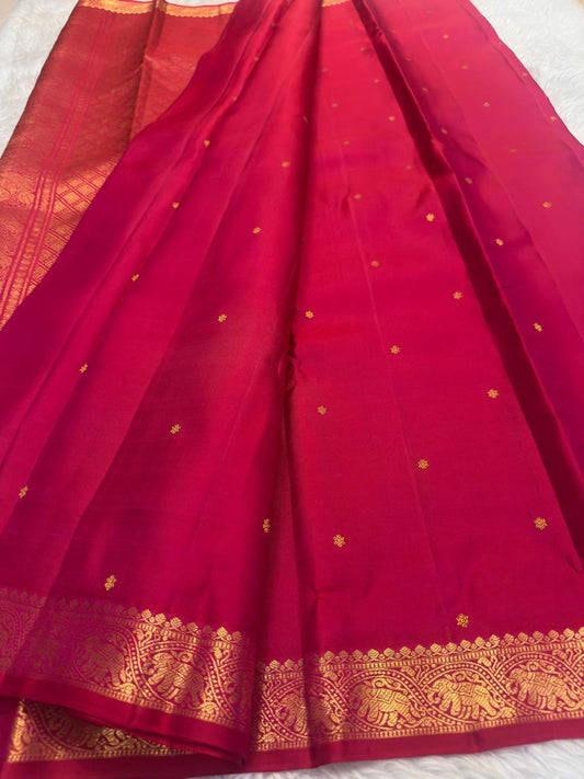 Raspberry Pink Handwoven Pure Silk Kanjipuram Saree with Small Gold Buttas & Petite Zari Elephant Border