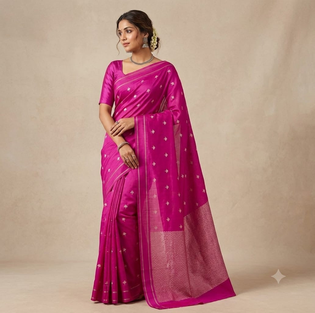Raspberry Pink Pattu Silk Chanderi saree showing fine metallic border and intricately woven pallu