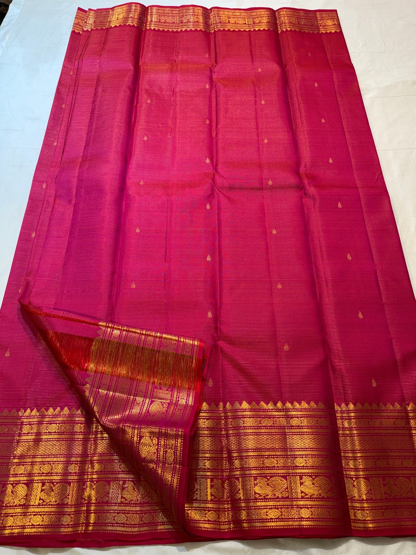 Red-Pink Double Shot Kanchipuram border with layered traditional gold zari registers.