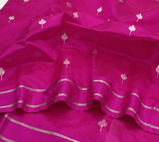 Full Raspberry Pink Chanderi silk saree with spaced metallic lotus motifs and minimal double-line border