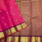 Raspberry Pink Handwoven Pure Silk Kancheepuram Vairaoosi Saree with Gold Zari Buttas and Aubergine Border