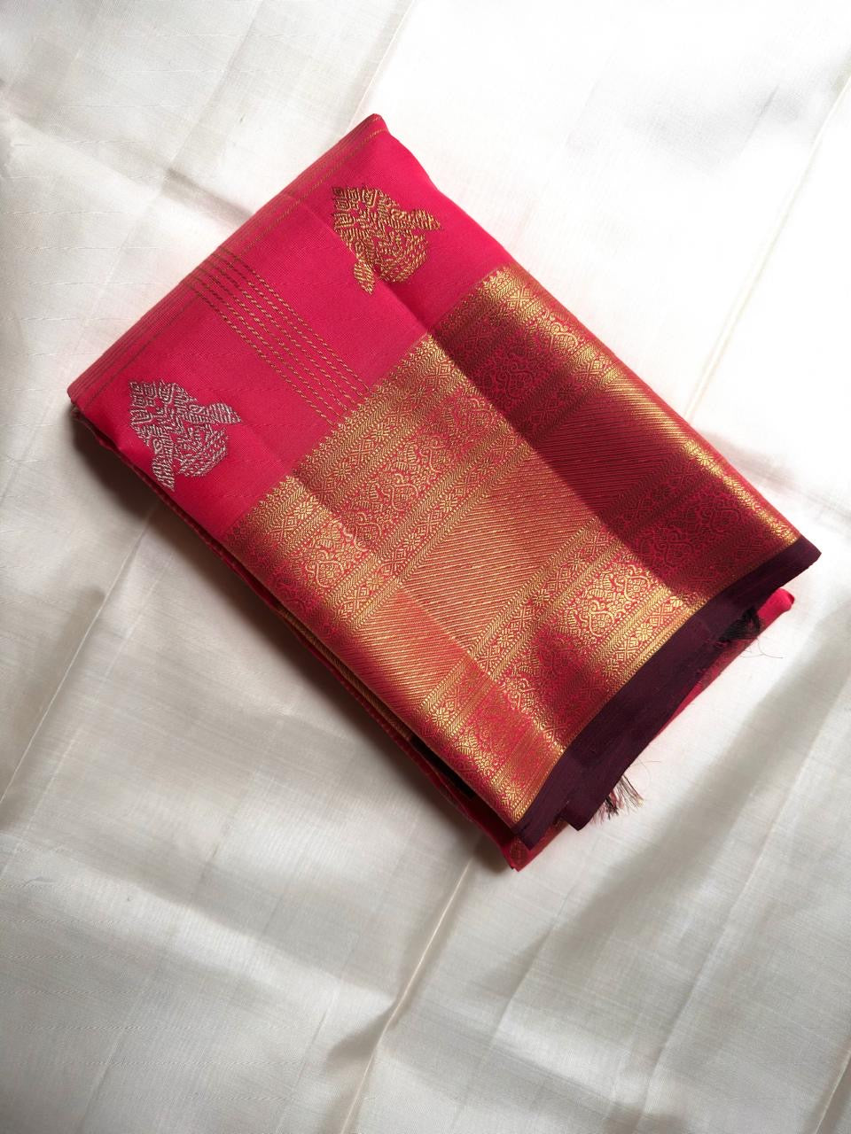 Raspberry Coral Handwoven Pure Silk Kancheepuram Saree with Zari Kattam Checks and Antique Gold Border