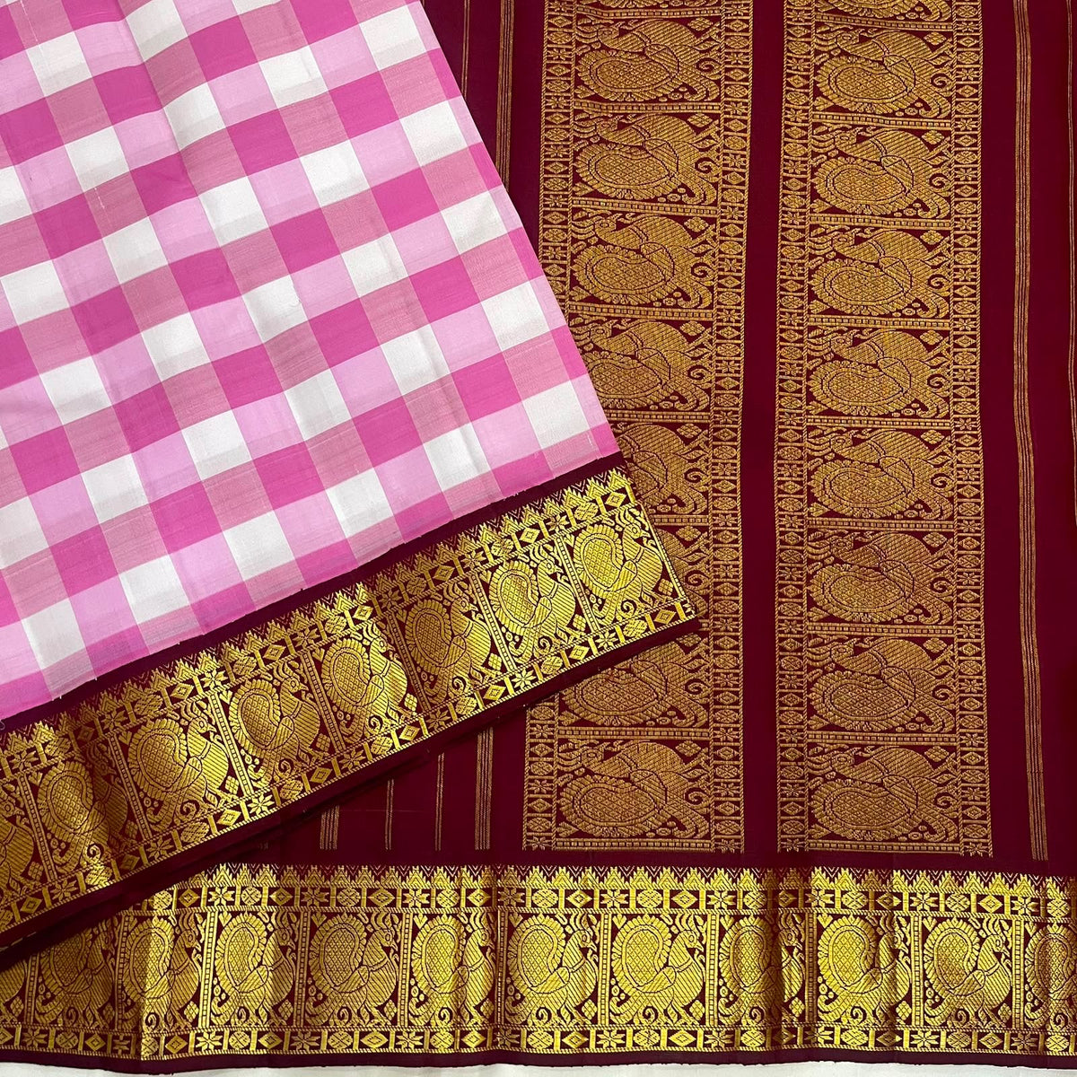 Lotus pink and warm ivory checked Pure Silk Kanchipuram Paalum Pazhamum saree