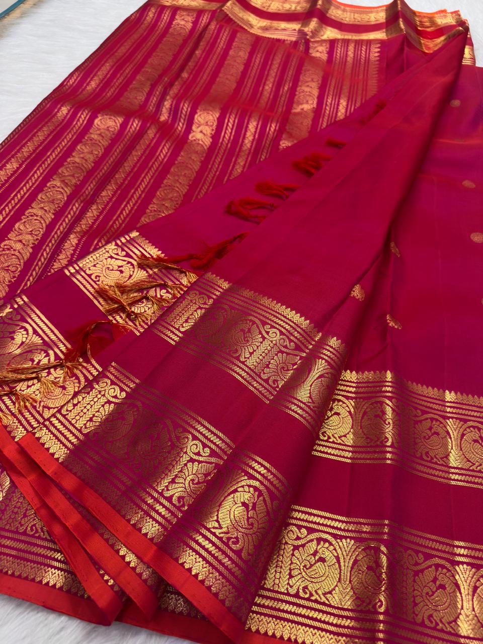 Deep Raspberry Pink Handwoven Pure Silk Kanchipuram Saree with Rettapet Mayil Zari Border