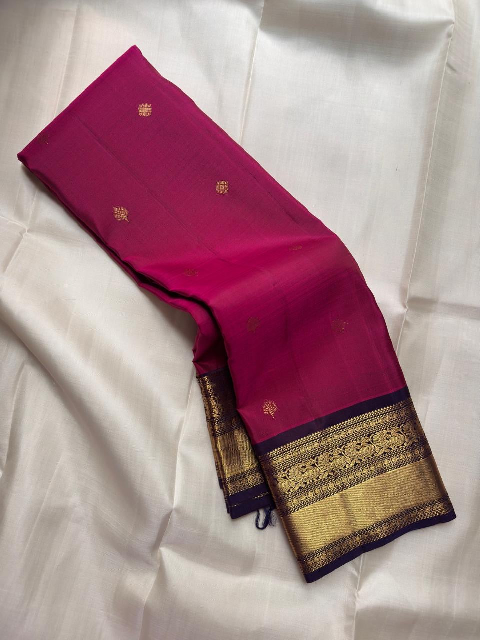Raspberry Pink Pure Silk Kanjipuram Saree — full saree overview, Korvai weave with peacock motif border — Idam Living